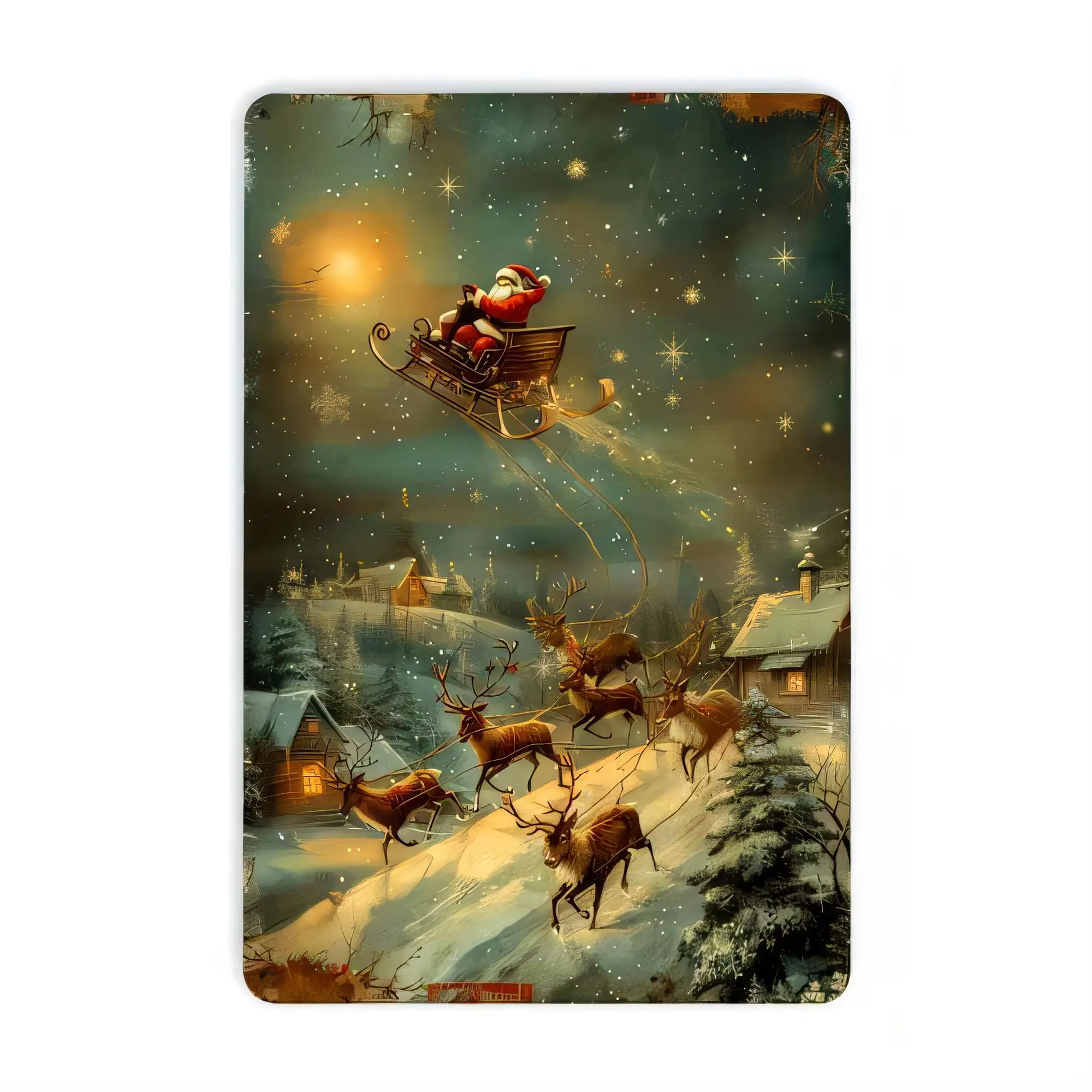 Tin Sign Christmas Sleigh Santa Claus Reindeer Flying Through Winter Night Snow Village Vintage Metal Sign Wall Decor for Home B