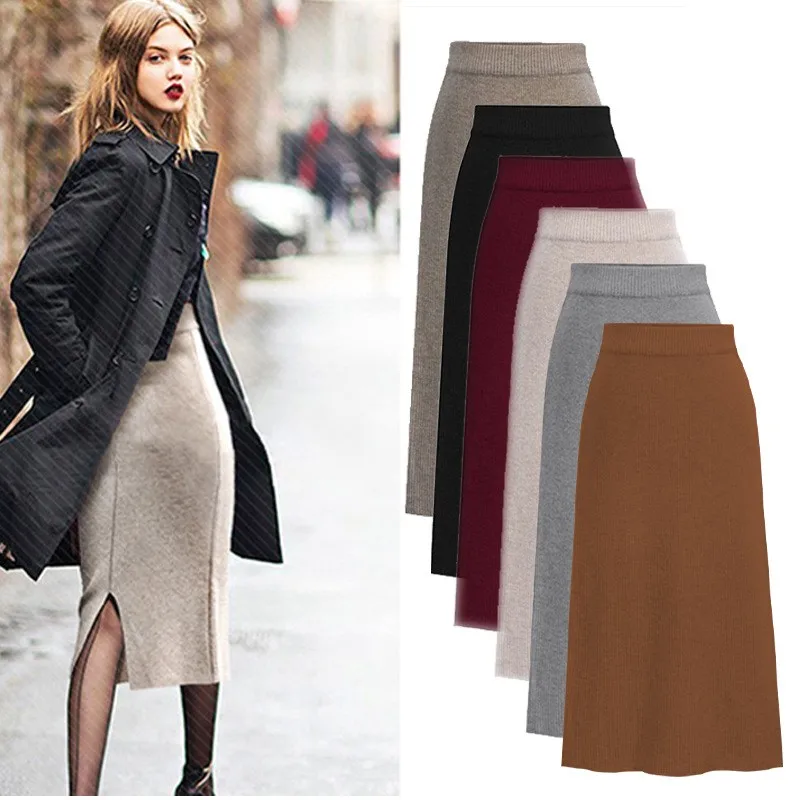 Women Long Solid Color Knit Pencil Skirt High Waist Elastic Waistband Slit Hem Ribbed Texture Midi Skirt Beige Black Gray Pink