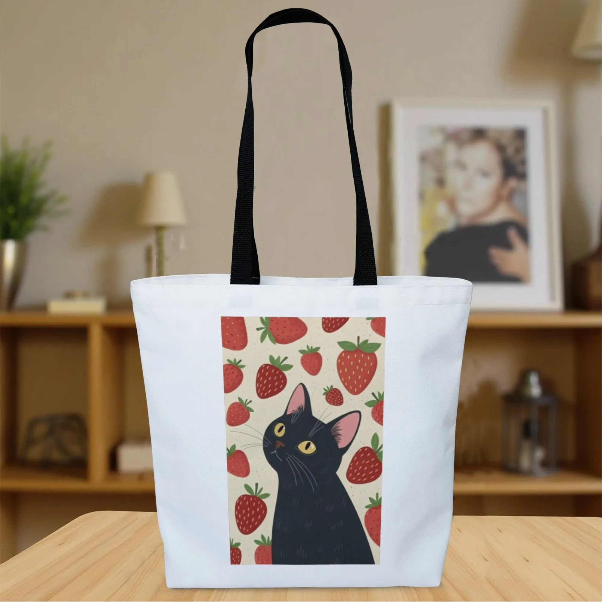 Sweet Cat Style Canvas Tote Bag Black Cat & Strawberry Design Shoulder Bag for Women Large Reusable Suitable for Daily Dating