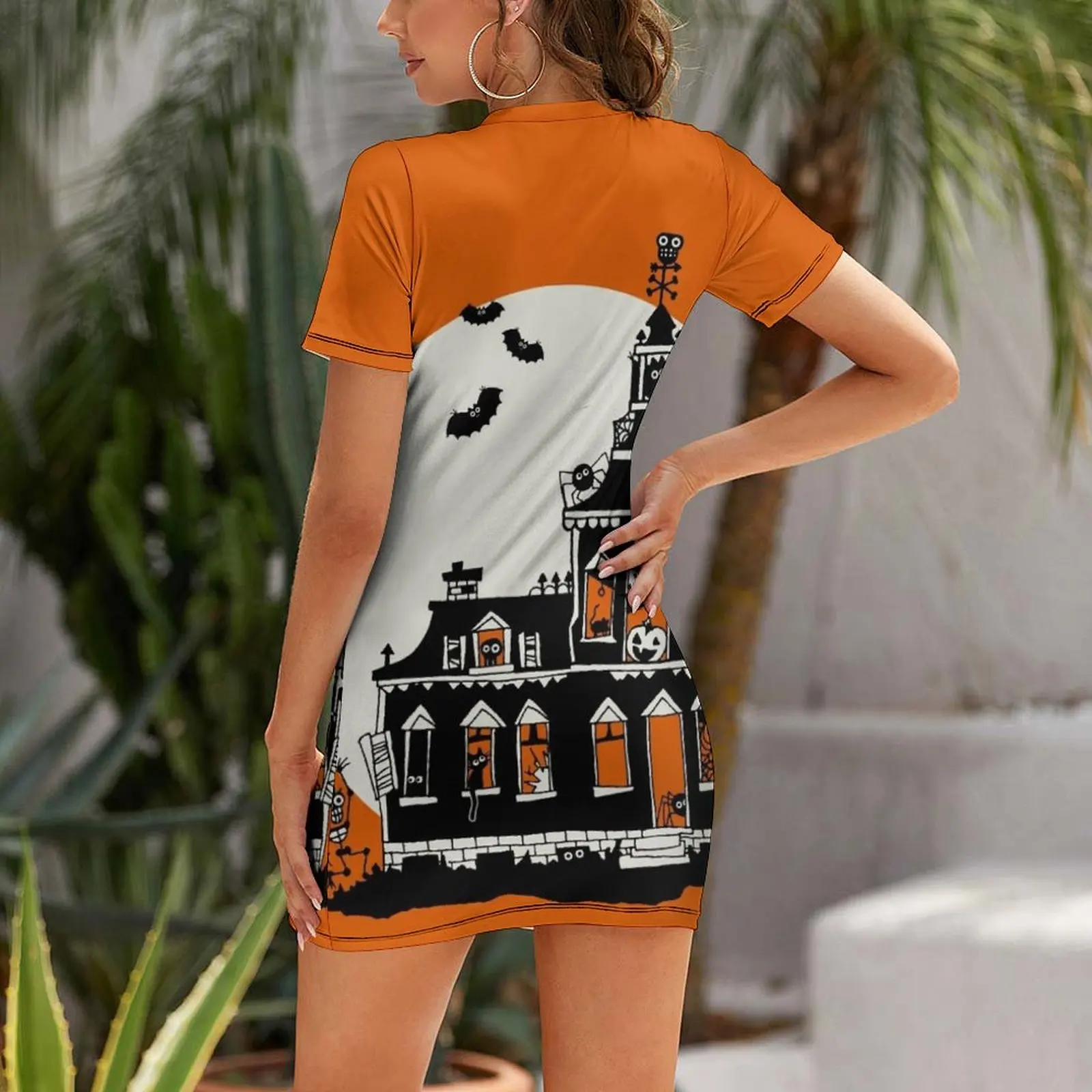 Vintage Style Haunted House - Happy Halloween Short Sleeved Dress dress for women 2024 dress party night