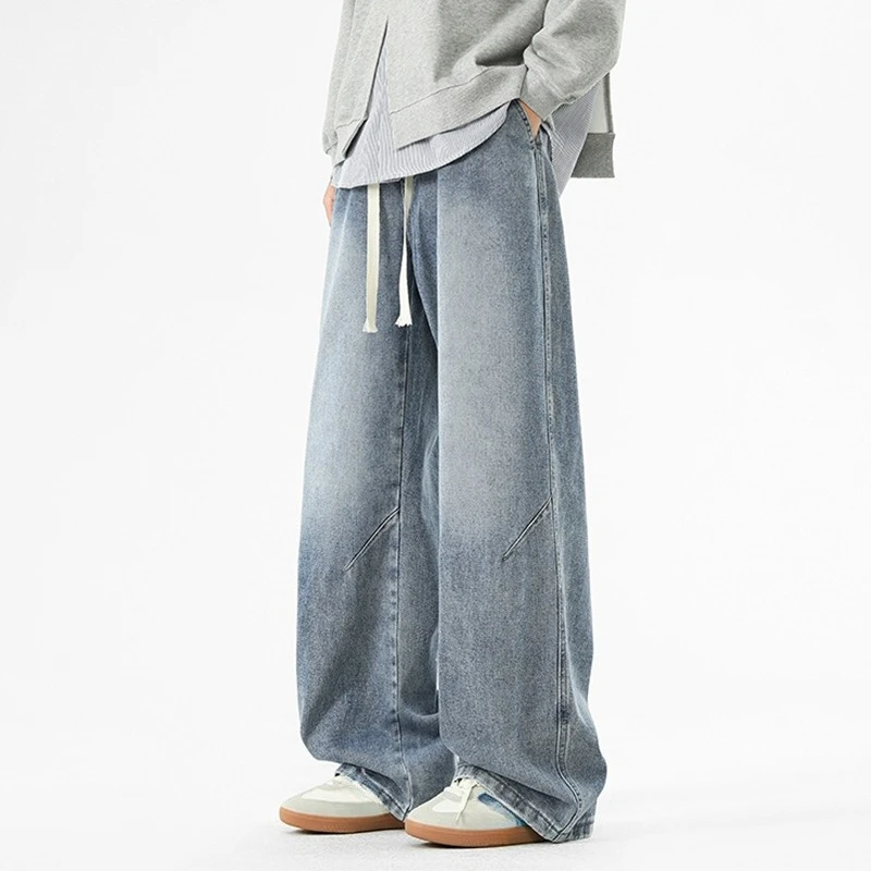 

Американские винтажные модные мужские однотонные повседневные модные широкие свободные прямые джинсовые брюки мужские базовые простые джинсовые брюки