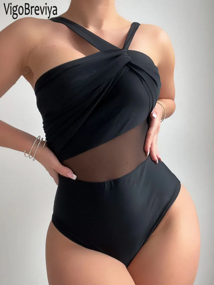 VigoBeviya 2025 traje de baño de malla de retales para mujer, traje de baño de una pieza con realce atado, Monokini Sexy para mujer, traje de baño para playa sin espalda