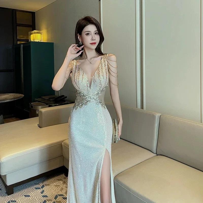 New No.8 Evening Dress for Women's Banquet Temperament Niche Atmosphere High-end Annual Meeting Split Skirt