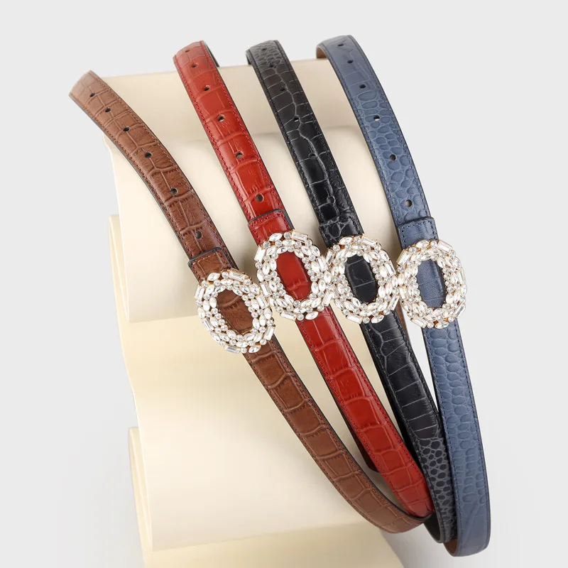 Vintage Alligator Pattern Cowhide Women Jeans Belts Strap Rhinestone Slide Buckle Genuine Leather Waist Belt Green Red Cinturon