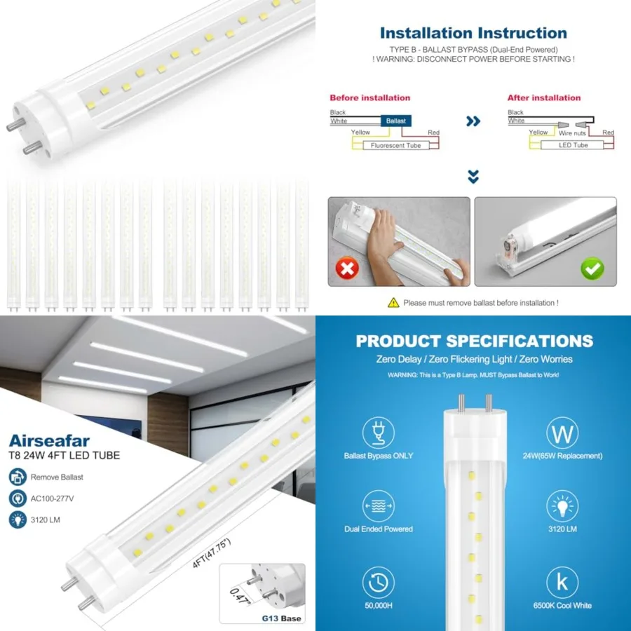 

LED Shop Lights Feet, Ballast Bypass Type B T8 Tube Light Replacement, 24W 6500K Daylight, Not Plug and Play, Clear Cover 3120L