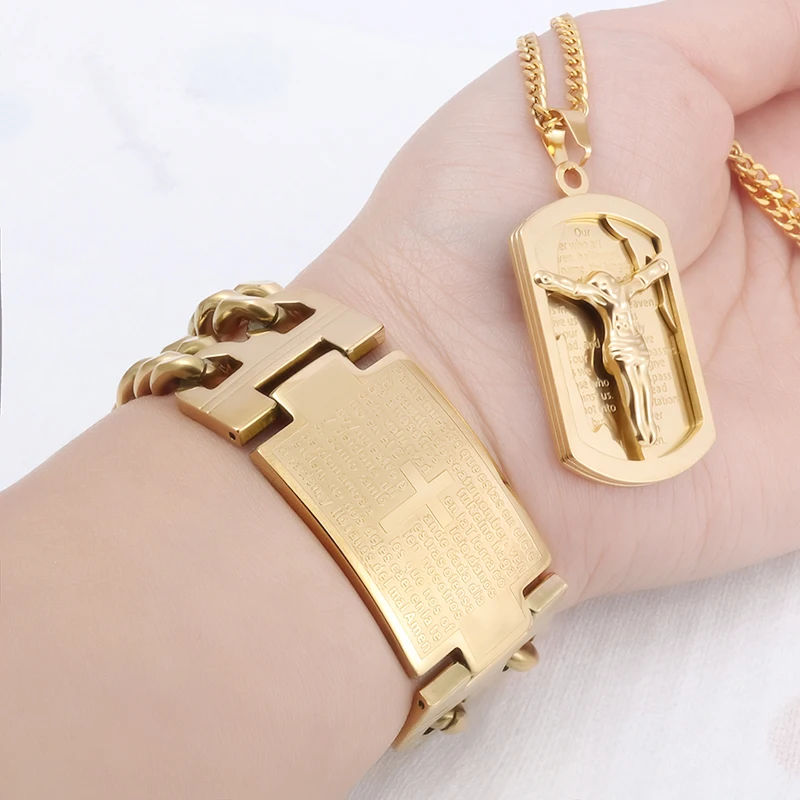 

High Quality Crucifixion Portrait Stainless Steel Jewelry Set for Men Prayer Gideon Religious Talisman Bible Carving Gift