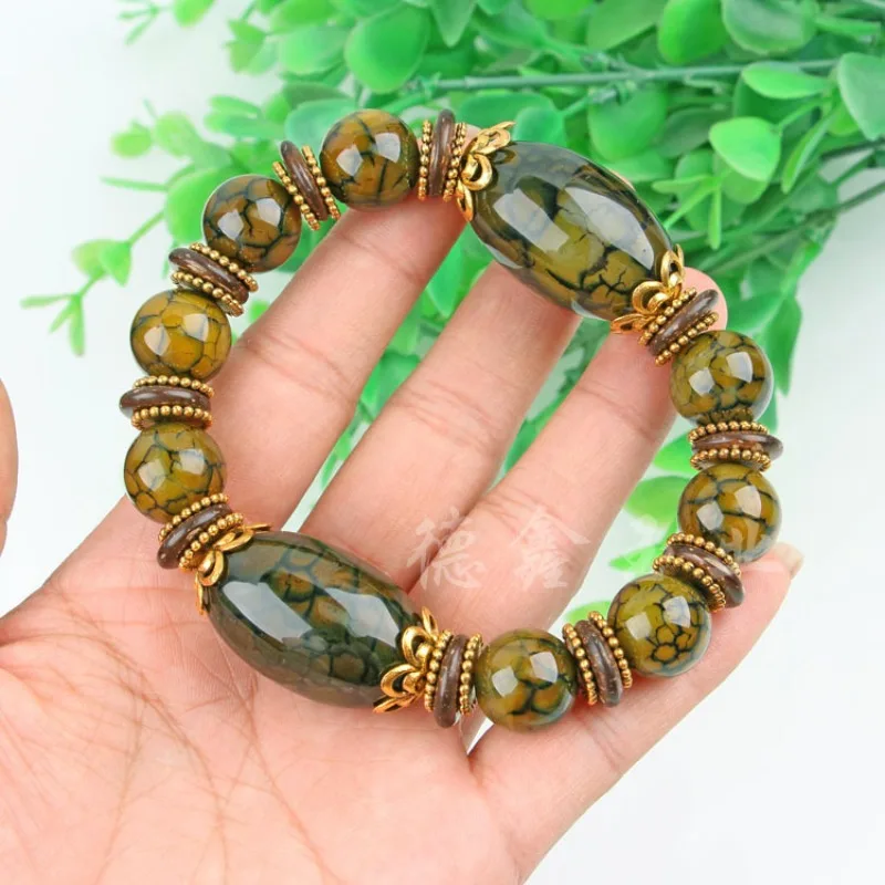 Green Dragon Pattern Agate Bracelet Big Drum Beads Men's Straight Barrel Beads Bracelet