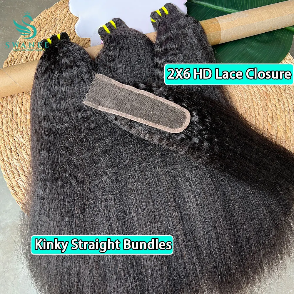 

Kinky Yaki Straight Human Hair Bundles With 2X6 HD Closure Frontal Deep Curly Human Hair Bundles Raw Hair Extension