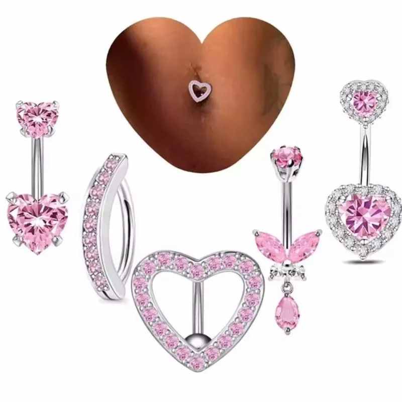 Pink Flower Belly Button Rings Set Women Blue Crystal Belly Piercing Bulk Heart Navel Barbell Jewelry Pack Piercing Ombligo Lote