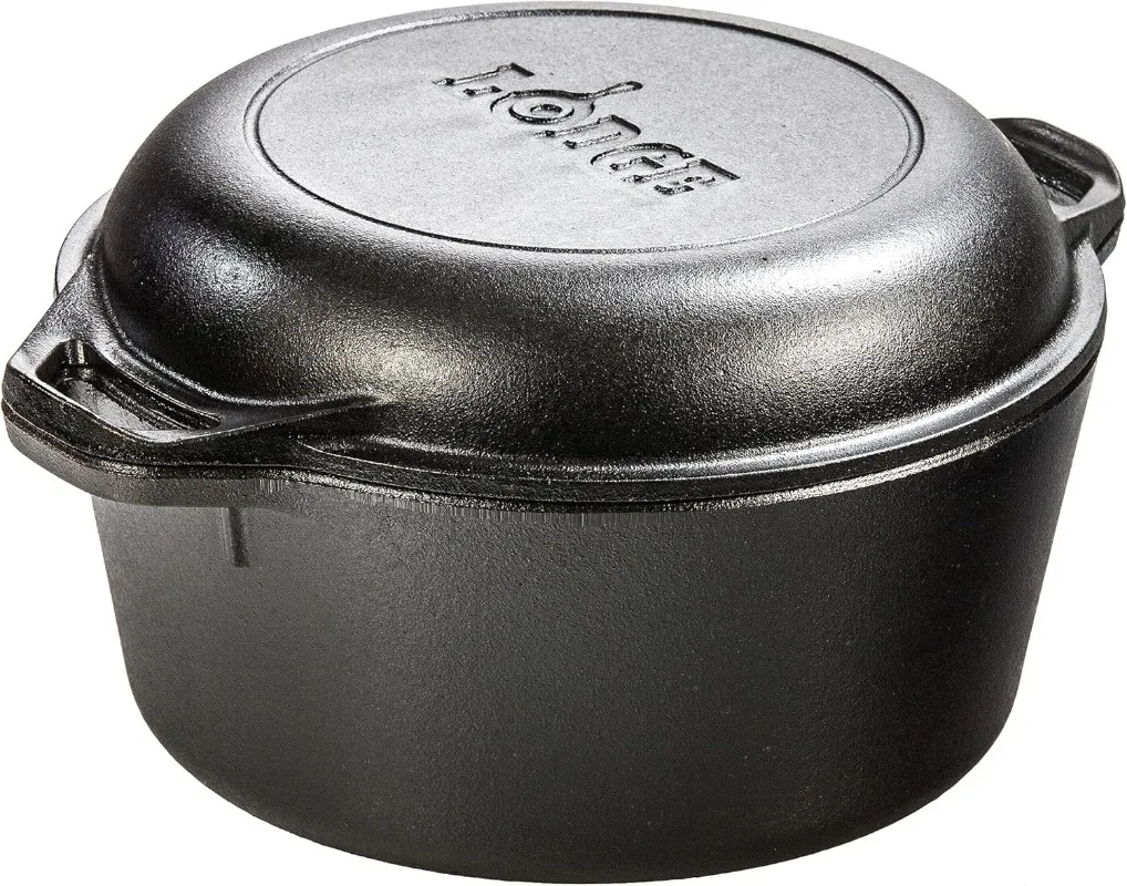 Pre-Seasoned Cast Iron Double Dutch Oven With Loop Handles, 5 qt