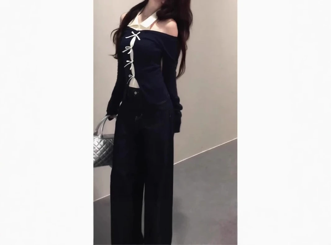 Irregular Lapel T-shirt Women's Autumn and Winter 2026 New Fake Two-piece Slim-fit Waist Knitted Sweater Top