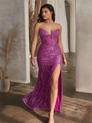 Gorgeous Strapless Deep V Neckline Bodice Sequin Sheath Prom Dress Elegant Open Lace Up Back Sweep Train High Slit Gowns 2024