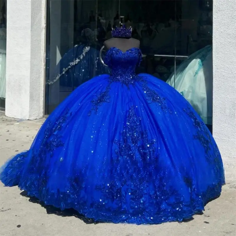 Customized Royal Blue Off The Shoulder Quinceanera Dresses Bead Appliques  Birthday Dress Graduation Gown Sweet 15