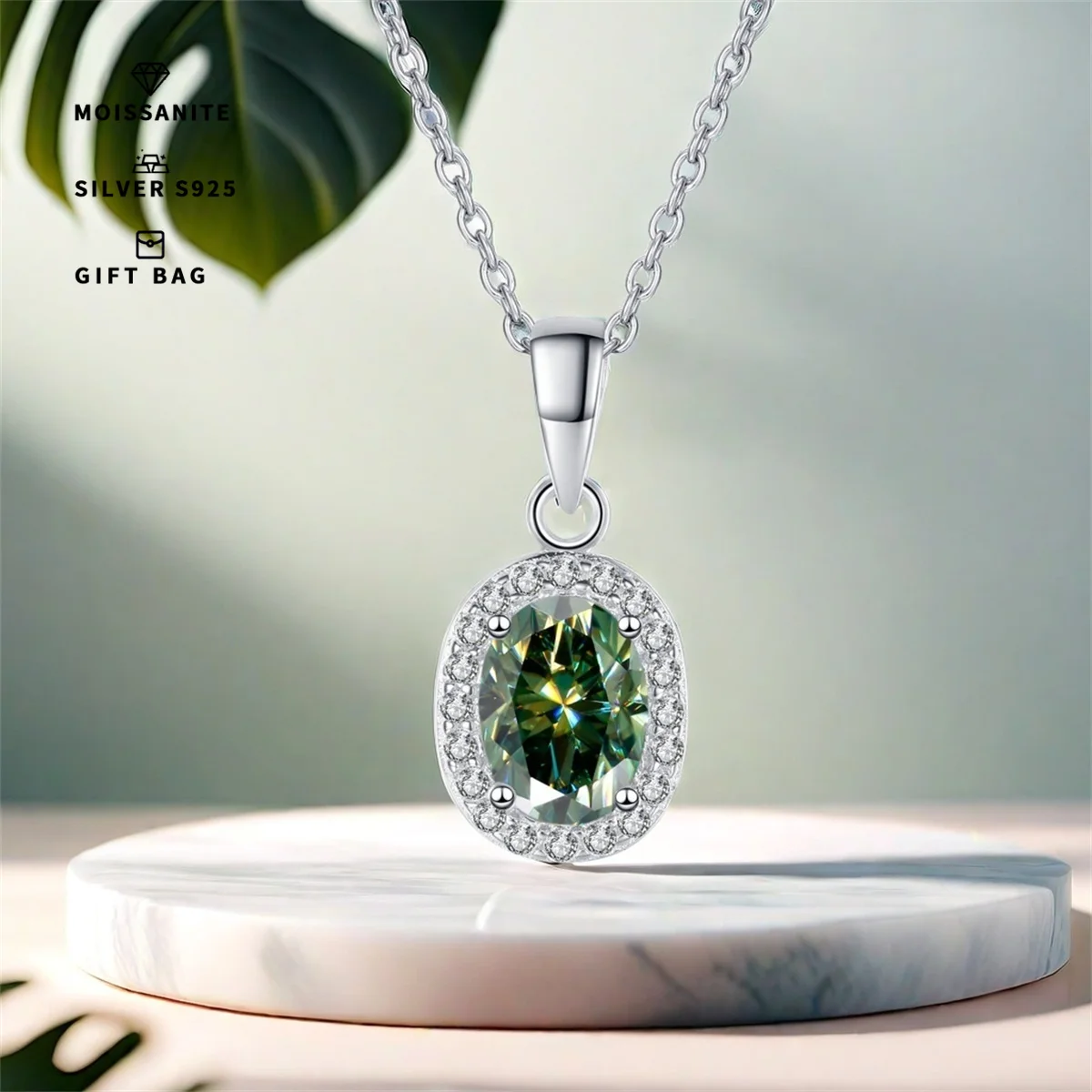 1PC D-green GRA Moissanite Oval 5*7MM pendant, S925 sterling silver elegant fashion clavicle chain, Valentine's Day & Birthday