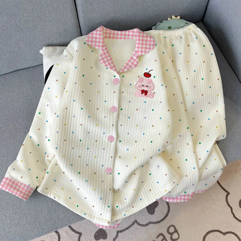 Adorable Piggy Instagram-Style Autumn/Winter Sweet Colourful Polka Dot Lined Air-Cotton Warm Pyjamas Women's Homewear Set
