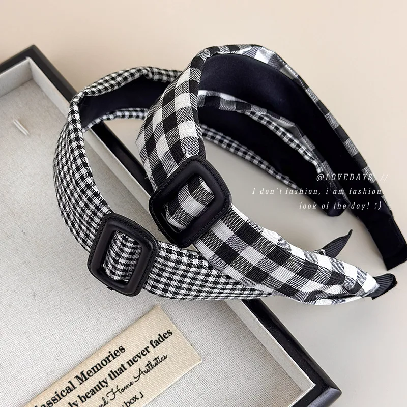 

1pc Vintage Plaid Headband Black White Checkered Non Slip Volume Boosting Hair Hoop for Women Autumn Winter Daily Outing Chic