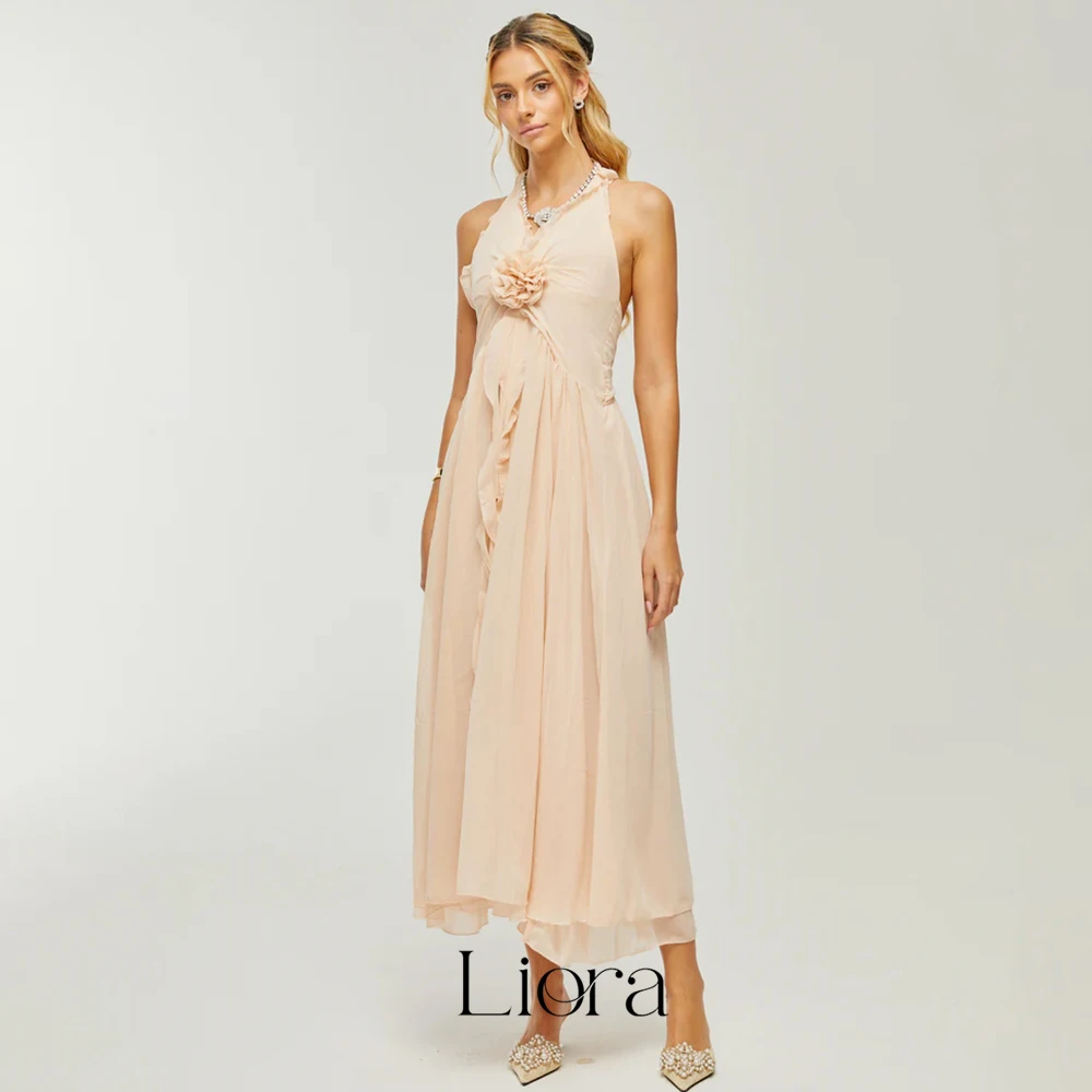 Liora Customized Champagne Chiffon Halter Bridesmaid Dress 3D Flower Ruffle Open Back Tie Bridal Party Wedding Guest Gown
