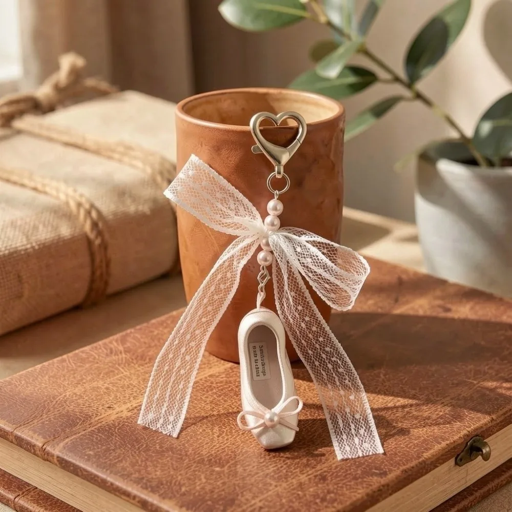 Ins Pearl Ballet Shoes Key Chain Pink Ribbon Ins Korean Ballet Shoes Pendant Ballet Shoes Keyring Bag