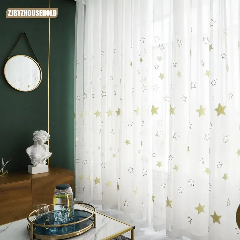 

New Cartoon Nordic Curtains Star Translucent Embroidered Curtains Children's Bedroom Balcony White Gauze Curtain