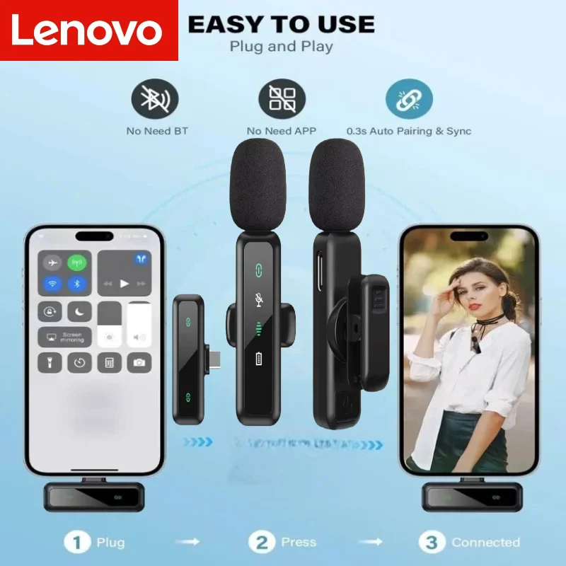 Lenovo New Wireless Lavalier Microphone Portable Audio Video Recording Mini Mic For Android IPhone Live Broadcast Gaming Phone