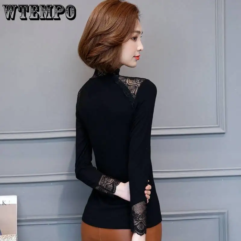 WTEMPO Velvet Lace Bottoming Shirt Turtleneck Women\'s Long Sleeve Autumn and Winter Splicing Hollow Warm T-shirt Blouses