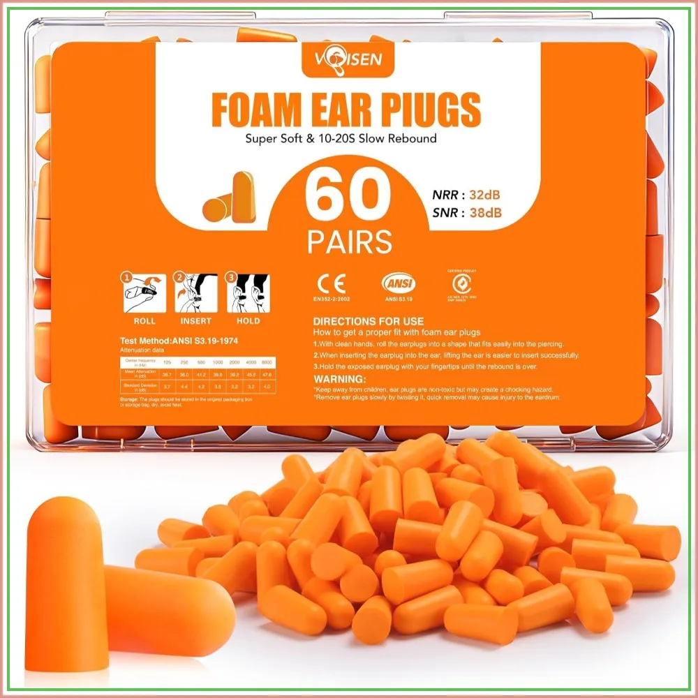 60 Pairs Foam Ear Plugs for Sleeping, Noise Cancelling 32dB NRR, 38dB SNR - Soft Comfort, Reusable