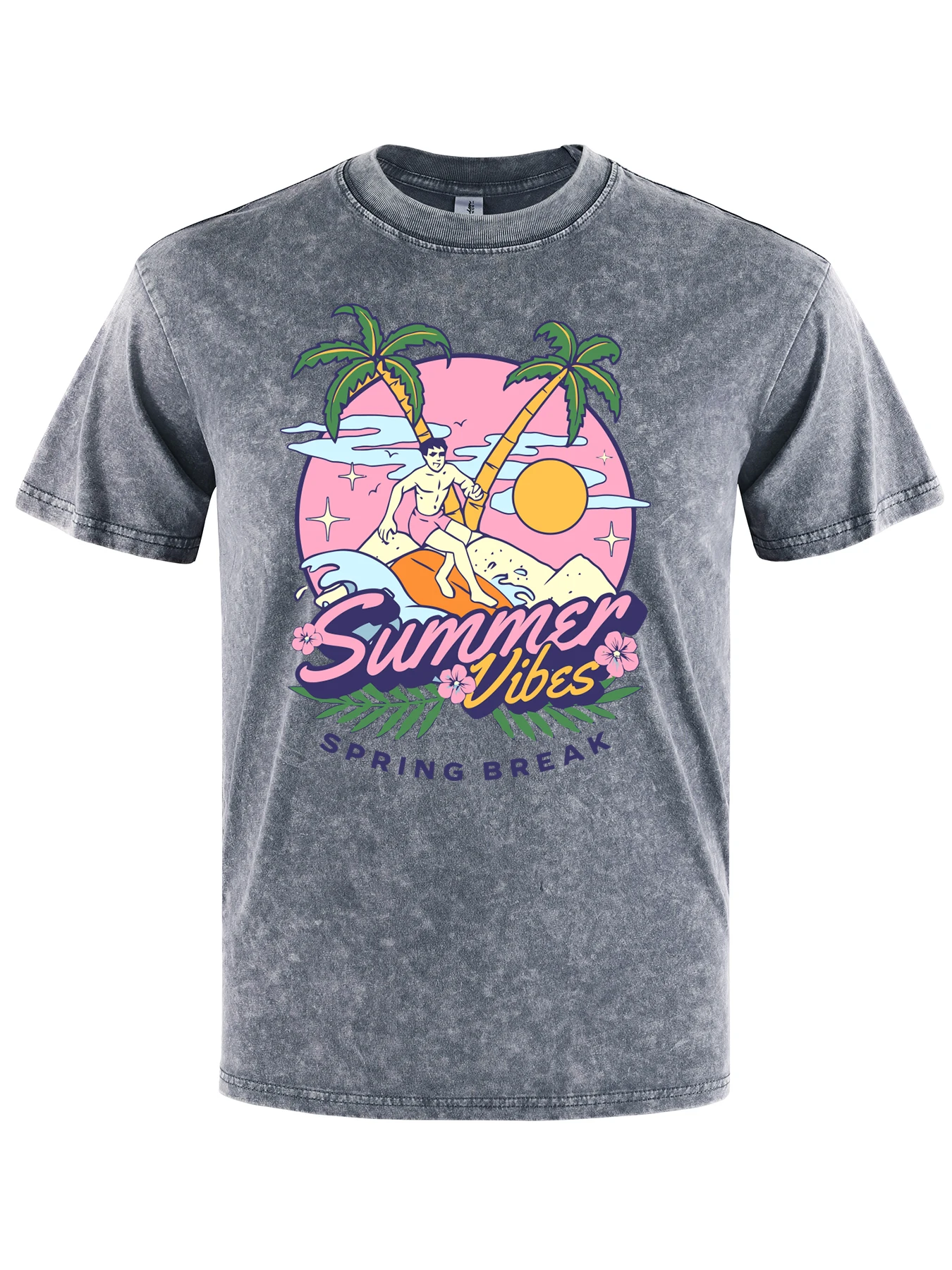

Summer Vibes Spring Break Print Men Washed Tee Shirts Soft Cotton T-Shirt Casual O-Neck Top Street Unisex Loose Short Sleeve