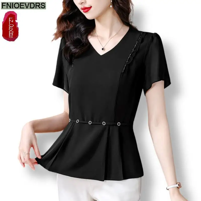 2024 Fashion Coffee Ruffles Peplum Tops Women Basic Wear Office Laday Basic Elegant Black Retro Vintage Bling Shirts Blouses