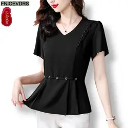 2024 Fashion Coffee Ruffles peplo top donna Basic Wear Office Laday Basic elegante nero Retro Vintage Bling camicie camicette