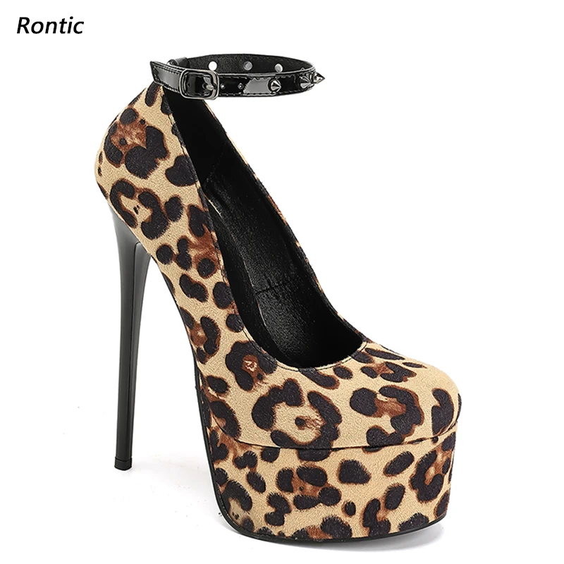 

Rontic Artisan Crafted Women's Leopard Platform Pumps - Studded Ankle Strap, Handmade Quality, High Heel Design Size 5-20