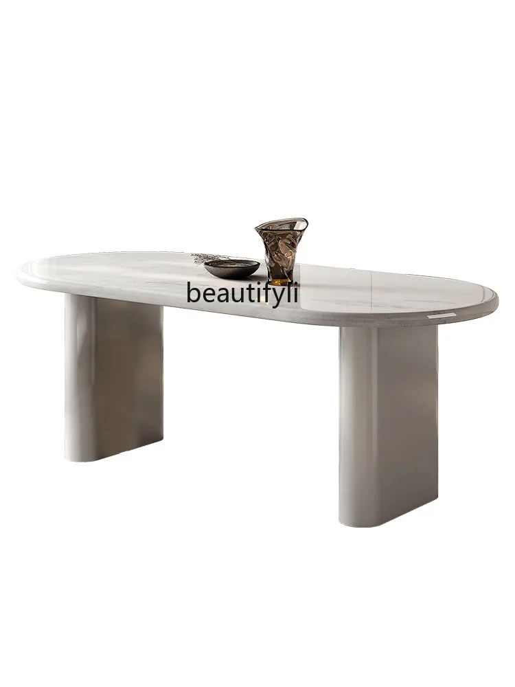 Luxury Stone Dining Table Modern Minimalist French Cream High-Grade White Marble Ellipse Dining Table