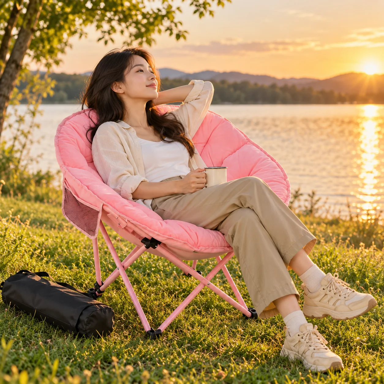 Portable Folding Moon Chair Padded Saucer Camping Chair with Carry Bag for Outdoor Beach Picnic Indoor Dorm view 5