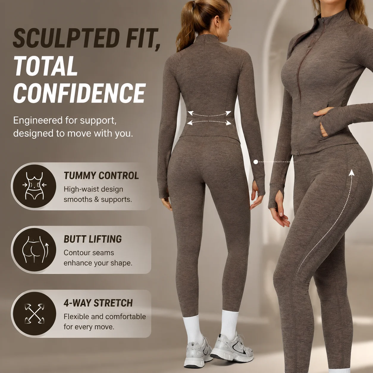 Women's 3-Piece Zip-Up Jacket, Sports Bra & Leggings Set - Tummy Control Butt Lifting Yoga Gym Suit, Multiple Colors, S-XL