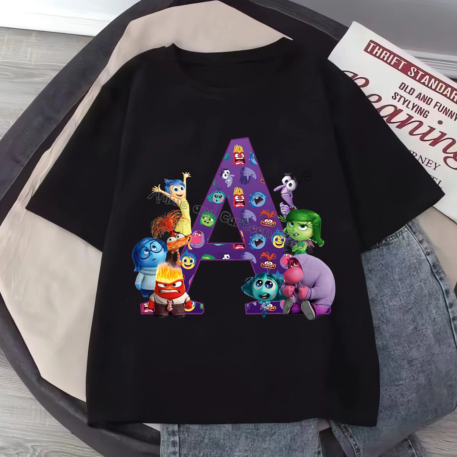 Disney Inside Out 2 T-shirt Children Letter A-Z Clothes Fashion Top Clothing New Black Cartoon Short Sleeve Summer Tee Kids Gift