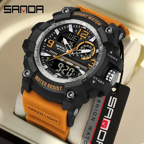 SANDA Outdoor Sports Men Quartz Watch Dual Display Multfunction Date Timer Alarm Clock Military Waterproof LED Digital Watch Men