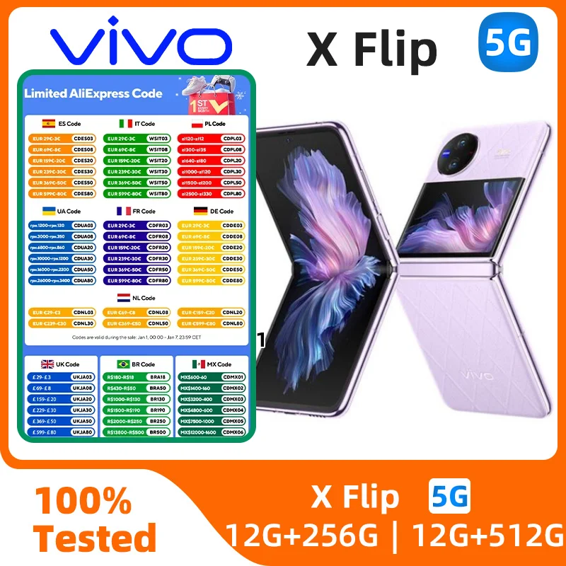 Vivo X Flip 5g SmartPhone CPU Snapdragon 8+Gen1 6.74inch AMOLED 120hz Screen 50MP Camera 4400mAh 44W Charge Original Used Phone