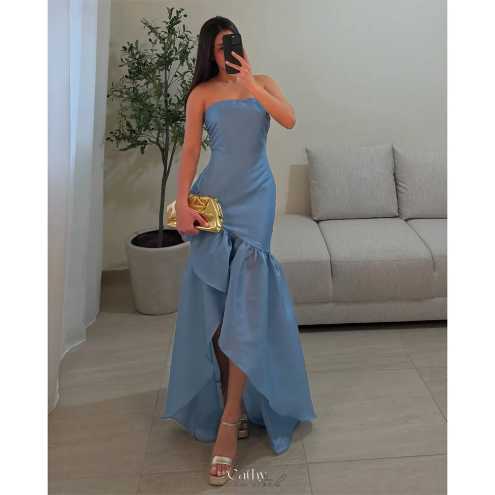 

Cathy Customized Blue Strapless Mermaid Prom Dresses Elegant Sheath vestidos de noiva Asymmetrical Ankle-Length Formal Evening