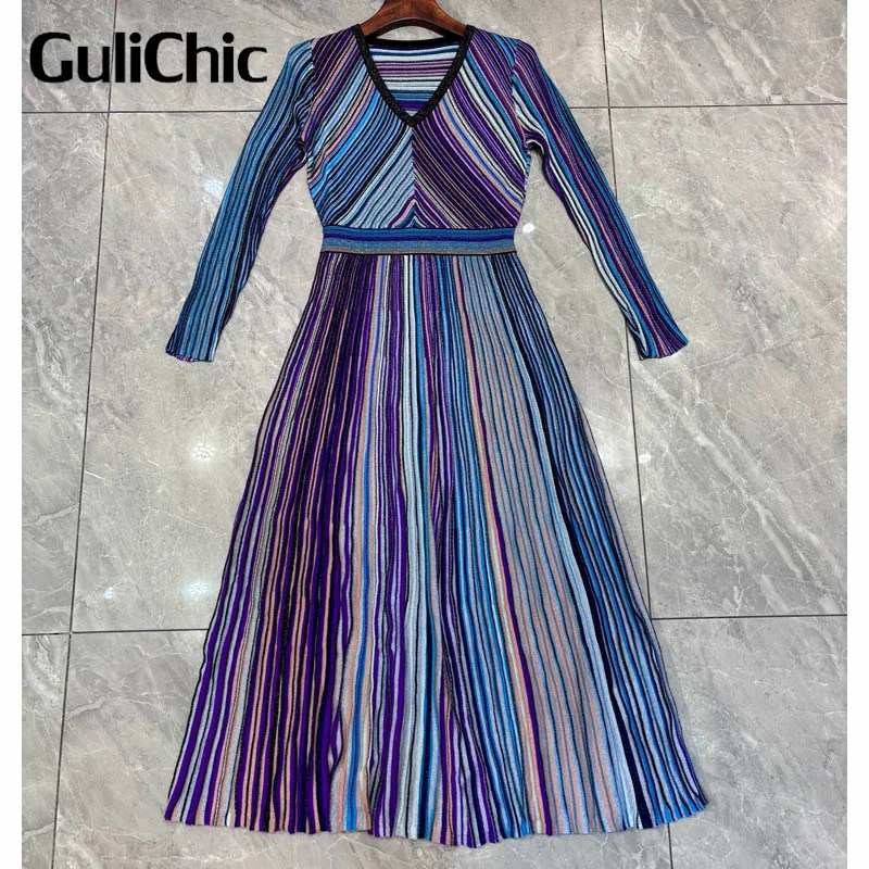 8.28 GuliChic Women Temperament V-Neck Colorful Striped Bright silk Design Collect Waist Slim Split Pleated Knit Dress