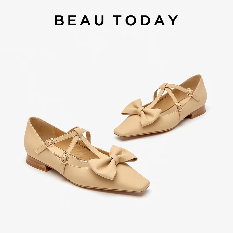 

BEAUTODAY Mary Janes, женские кожаные туфли на плоской подошве из овчины с квадратным носком и Т-образным ремешком, с бантом и пряжкой, женские балетки ручной работы A18246