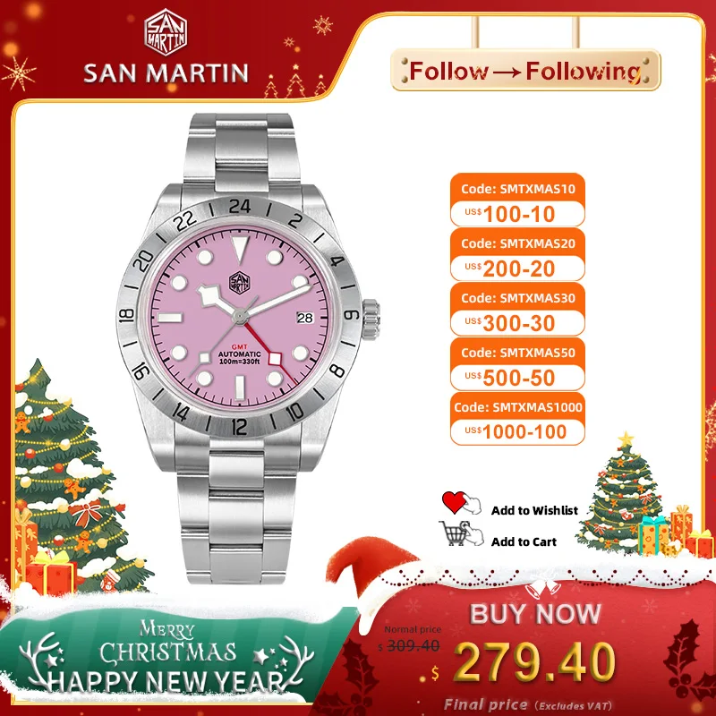 

San Martin 39mm Luxury NH34 BB GMT Stainless Steel Pink Dial Wristwatch Mechanical Watches for Men Sapphire Crystal 10Bar SN0054