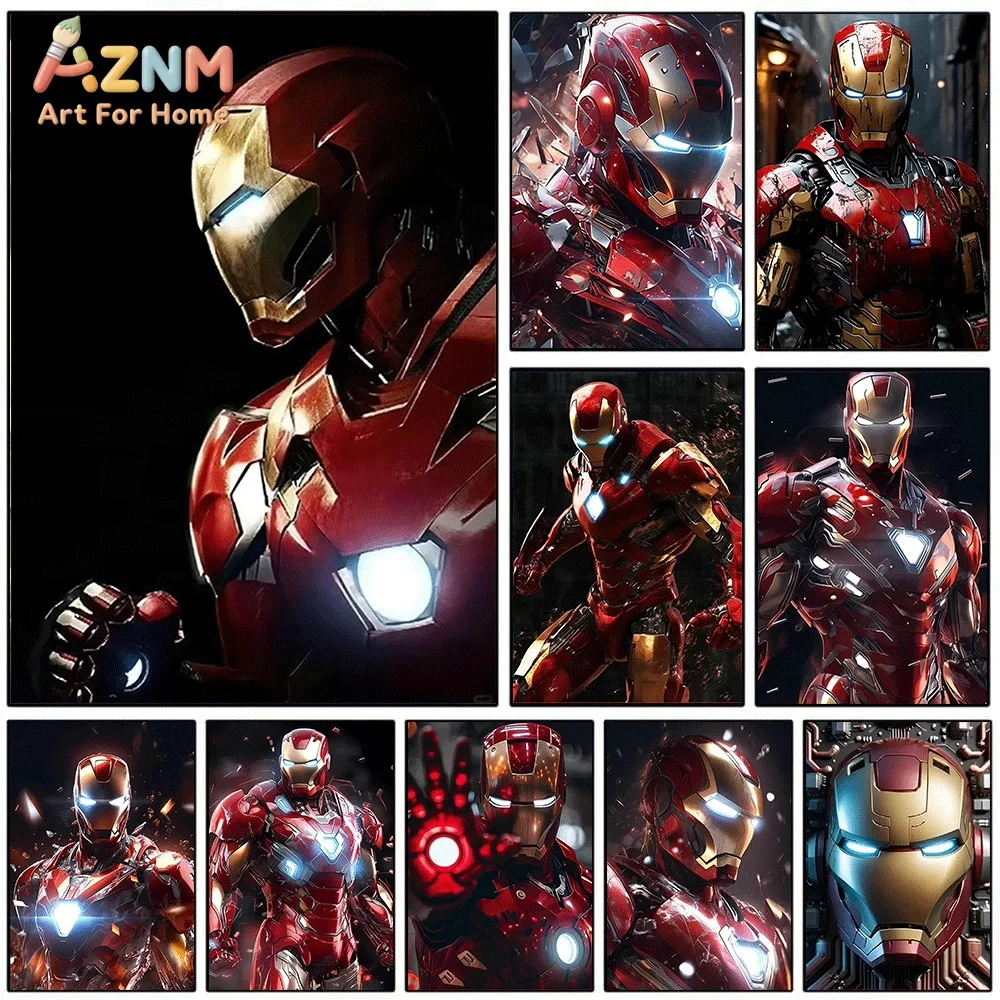 Cool Dark‑Tone Iron‑Man Superhero Canvas Wall Print, Marvel Hero Armor Illustration Art Poster, Unframed Canvas Painting for B