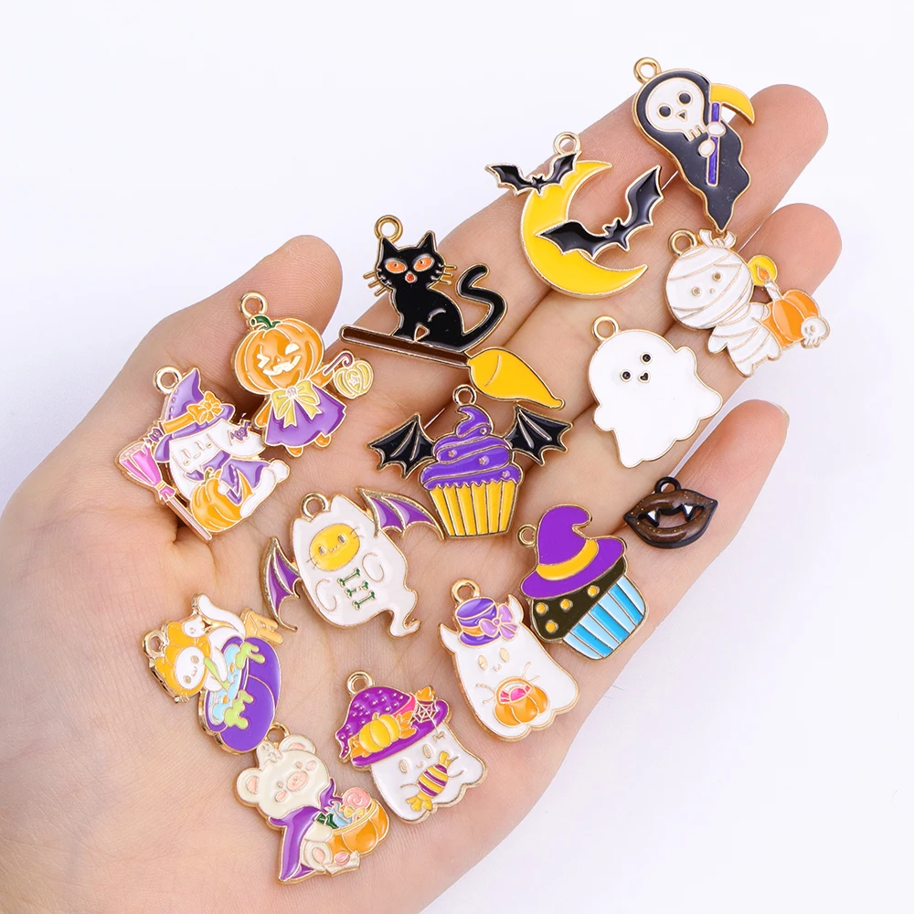 10Pcs Cartoon Enamel Animals Cat Ghost Charms Halloween Pendant Fit Necklaces Earrings Handmade Jewelry Finding Supplies
