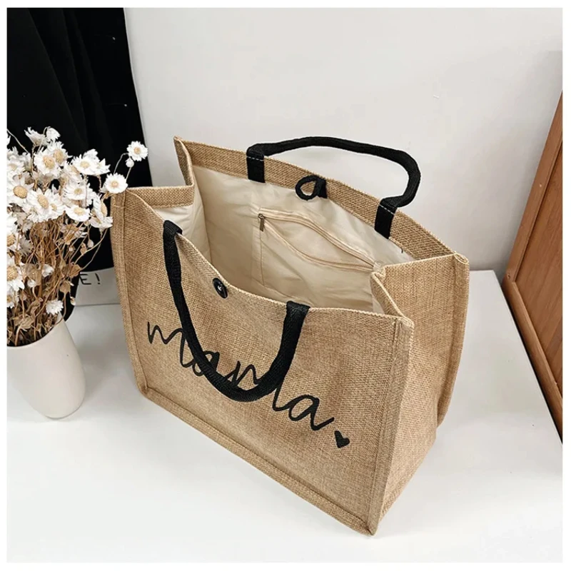 Baby Diaper Storage Bag Mama Letter Printing Linen Handbag Large Capacity Infant Nappy Organizer Bag Stroller Hanging Bag