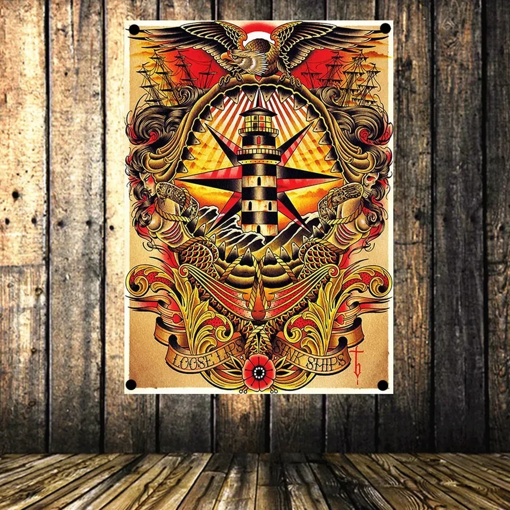 LOOSE LIPS STNK SHIPS Vintage Banners Flag 4 Gromments in Corners Canvas Painting American Neo Traditional Tattoo Gun Art Poster