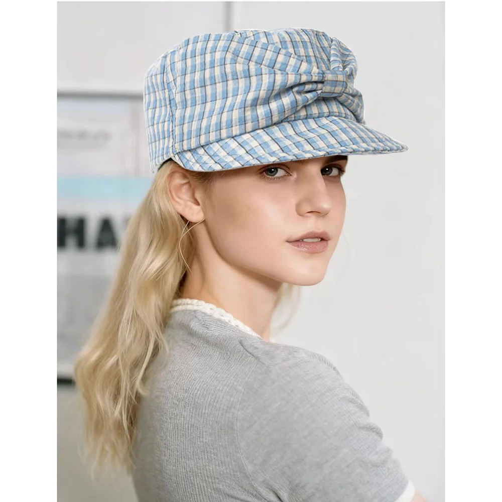 Casual Spring/Summer Sun Protection Checked Fabric Bow Tie Military Cap Women's Visor Hat Trendy Caps