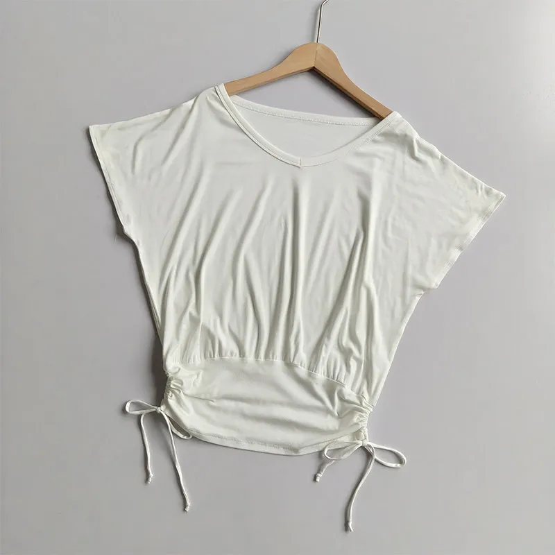 Sommerliches Yoga-T-Shirt mit V-Ausschnitt für Damen, aus Baumwolle, locker geschnitten, figurformend, weich, Sport-T-Shirt, kurzärmeliges Pilates-Shirt, lässiges Fitness-Oberteil. – Detail 11