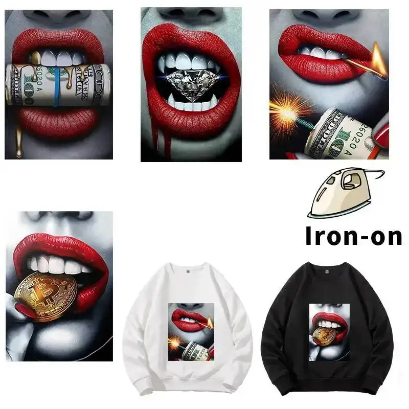 Sex Lips Heat Transfe Patches For Cothing Print-On T-Shirt Hoodies Bag Iron-On Clothes Diamond Dollar Lips Sticker Decoration
