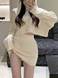 Beige Sweater Two Piece Set Women Korean Elegant Party Mini Skirt Set Female Casual Designer Knitted Skirt Suit 2023 Autumn New