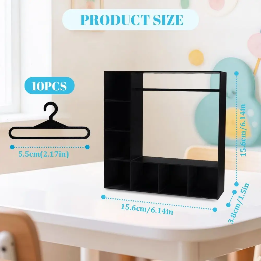 대용량 인형 옷장 10개의 행거 포함 휴대용 인형 옷장 귀엽고 내구성 있는 피규어 및 액세서리용 옷 보관함