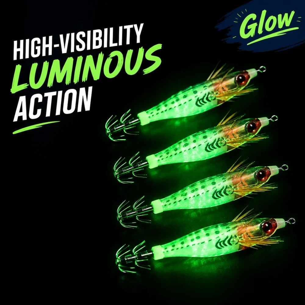 8cm Luminous Squid Jig Egi Set 5pcs UV Horizontal Fluorescent Sea Fishing Lure Wood Shrimp Cuttlefish Tackle Box